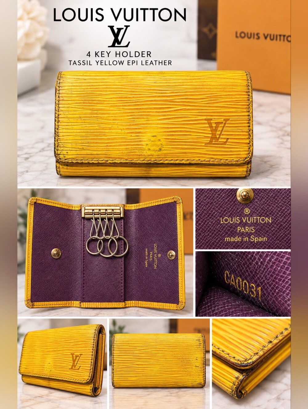 Authentic Louis Vuitton Tassil Yellow Epi Leather 4 Key Holder Wallet